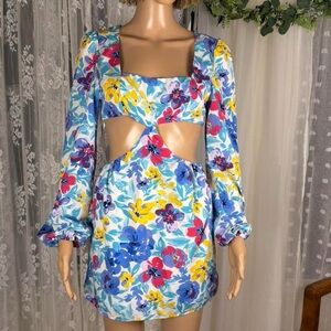 Floral Cutout Long-Sleeve Mini Dress - Blue Multi